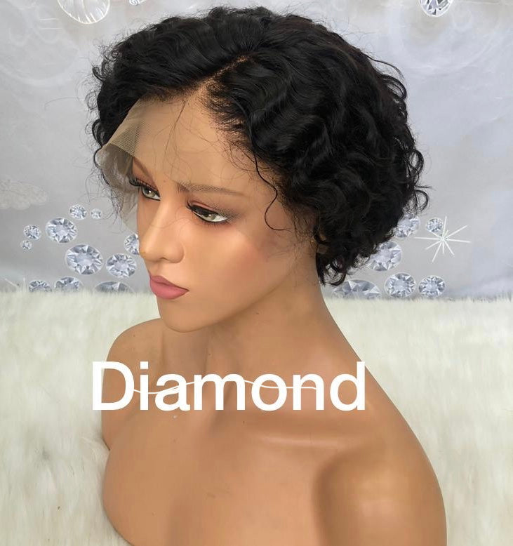 Diamond Beauty short pixie wig for women with natural curly black hair on mannequin head