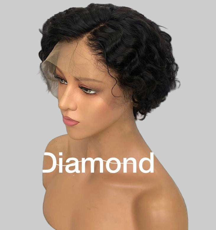 Diamond Beauty short pixie wig for women with natural curly black hair on mannequin head