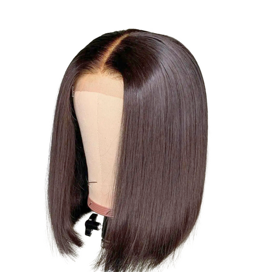 Diamond Beauty 4x4 closure wig with sleek straight dark brown hair on mannequin head