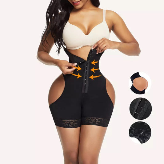 Diamond Beauty black tummy control shapewear body shaper with front hooks and lace trim shorts