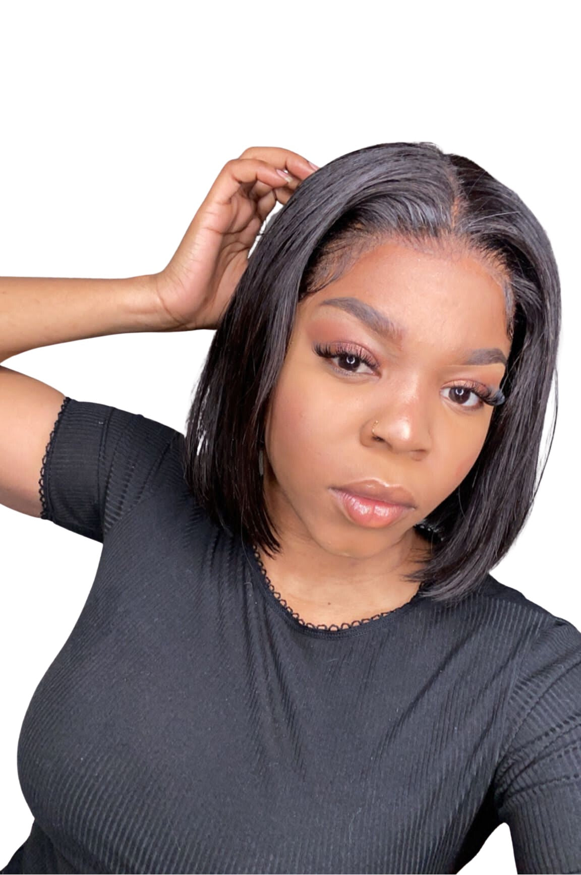 Woman wearing Diamond Beauty straight hair lace wig human hair with a sleek, natural finish